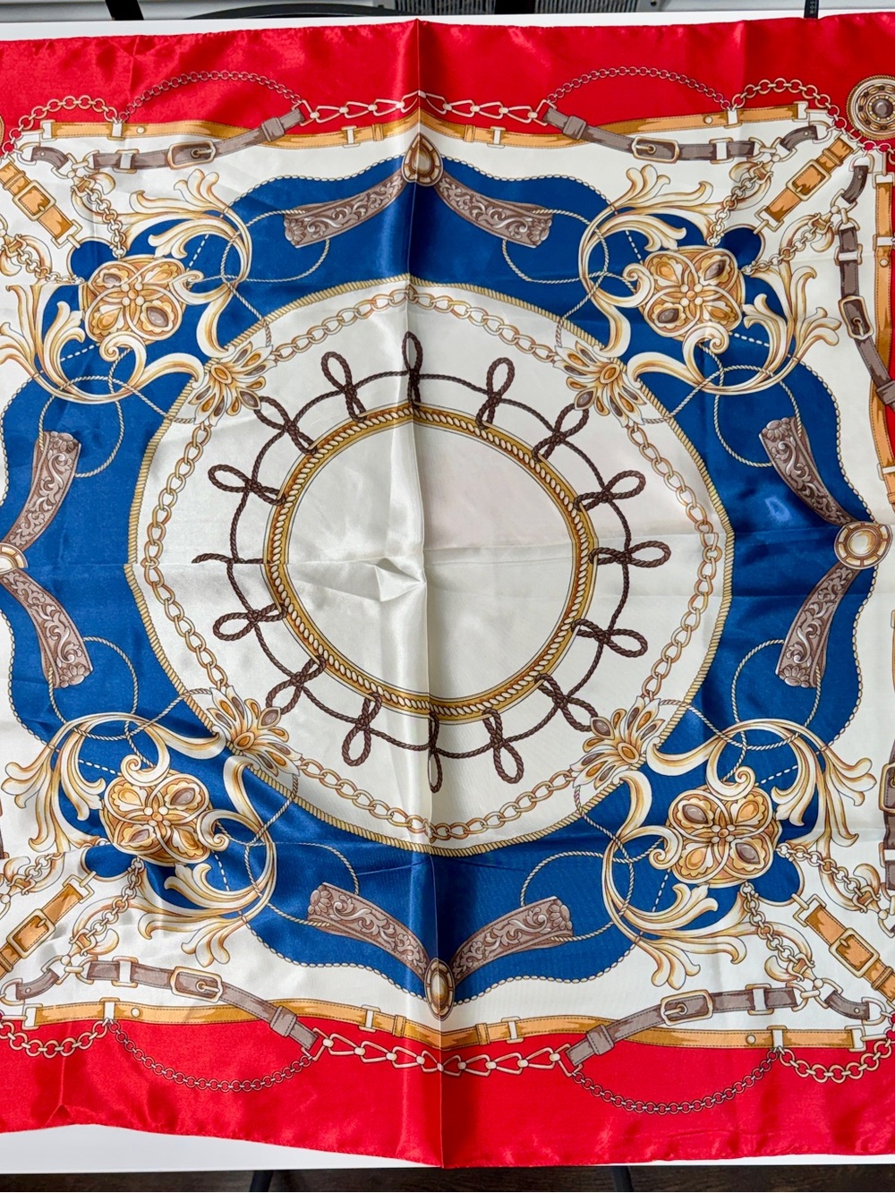 Classic Baroque Chain Print Silk-like Scarf - Blue, Red, Cream